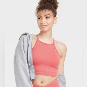 Women's JoyLab Ribbed Seamless High-Neck Bra Top, Pink Size Small